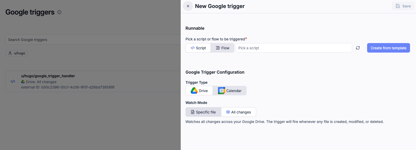 Google trigger configuration